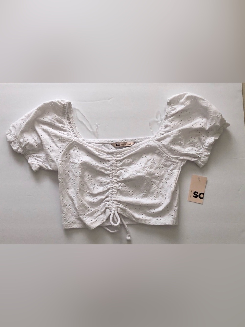 SO Eyelet Ruched White Crop Top